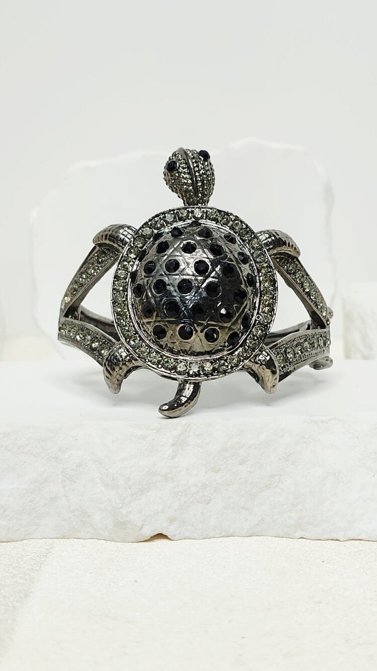 Large Vtg Turtle Bracelet Silver Tone, Hinged Clamp W Black & White Rhinestones